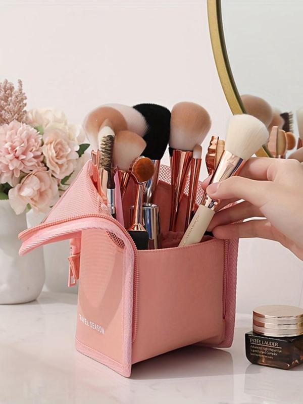 Letter Pattern Contrast Mesh Design Makeup Brush Bag,  Portable Large Capacity Cosmetic Storage Bag, Travel Makeup Organizer Pouch