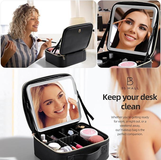 Makeup LED Case Makeup Brush Holder With LED Mirror Makeup Tool Organizer Bag Makeup Brush Bag with Shoulder