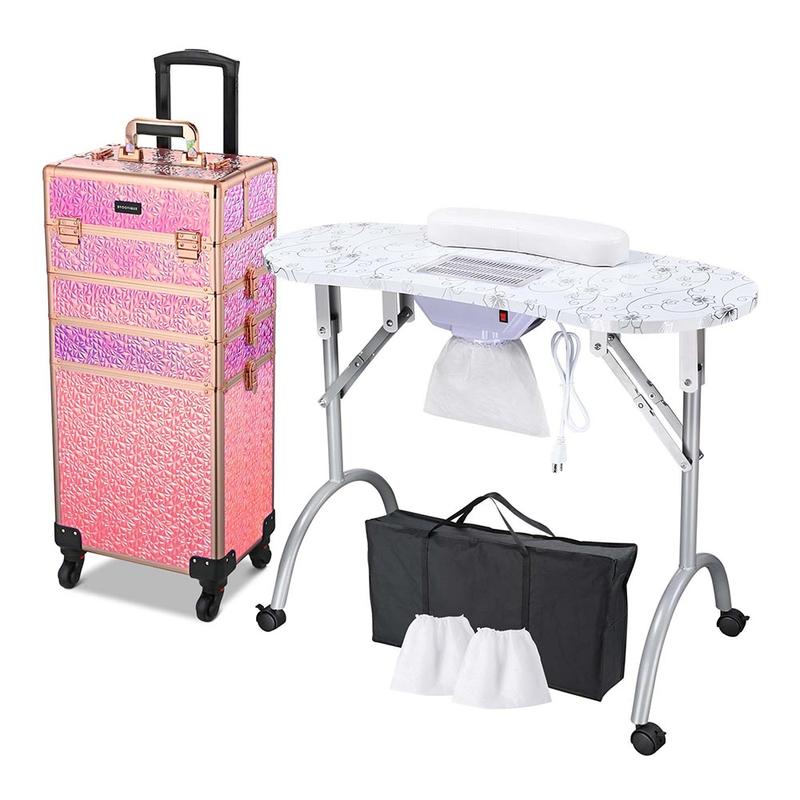 Byootique Portable Manicure Table+4in1 Rolling Makeup Case (Dust Collector included) White