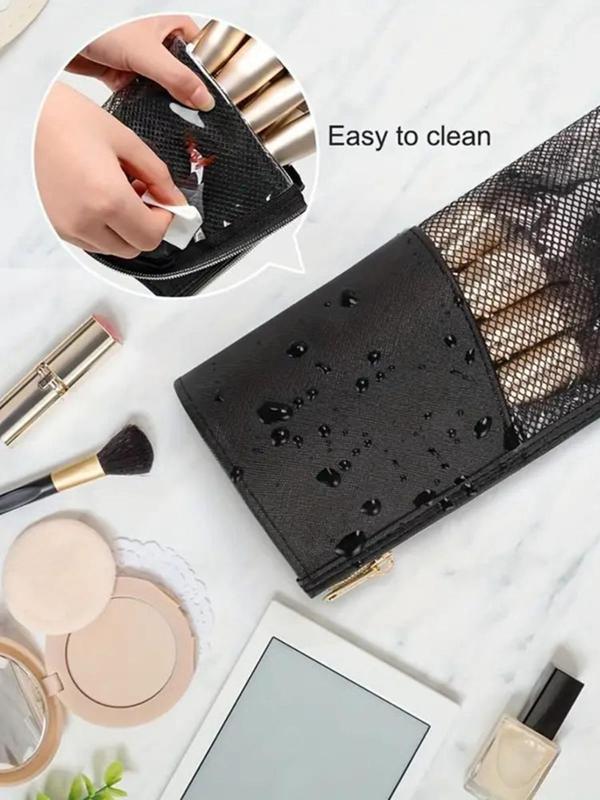 Letter Pattern Contrast Mesh Design Makeup Brush Bag,  Portable Large Capacity Cosmetic Storage Bag, Travel Makeup Organizer Pouch