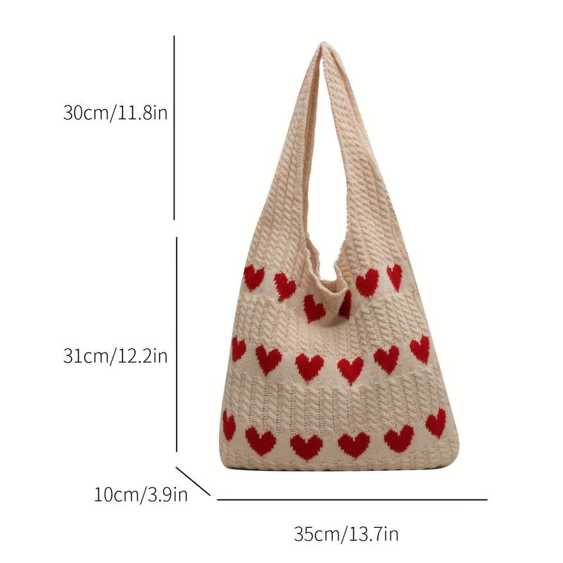 Love Heart Pattern Tote Bag, Aesthetic Knitted Shoulder Bag, Fashion Crochet Bag For Women, Valentine's Day Gift