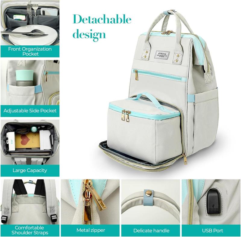 ETRONIK Lunch Backpack, 15.6 Inch Laptop Backpack with USB Port, Stylish Nurse, Teacher Work Bag with Insulated Cooler Lunch Box for Women Men Travel basket backpack TSA Approved travel bag