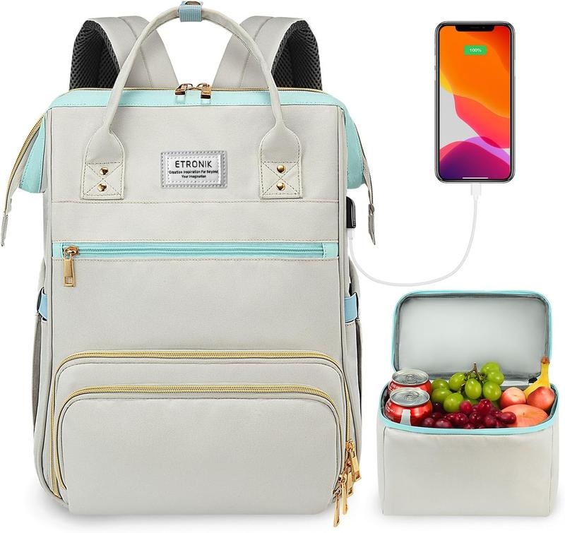 ETRONIK Lunch Backpack, 15.6 Inch Laptop Backpack with USB Port, Stylish Nurse, Teacher Work Bag with Insulated Cooler Lunch Box for Women Men Travel basket backpack TSA Approved travel bag