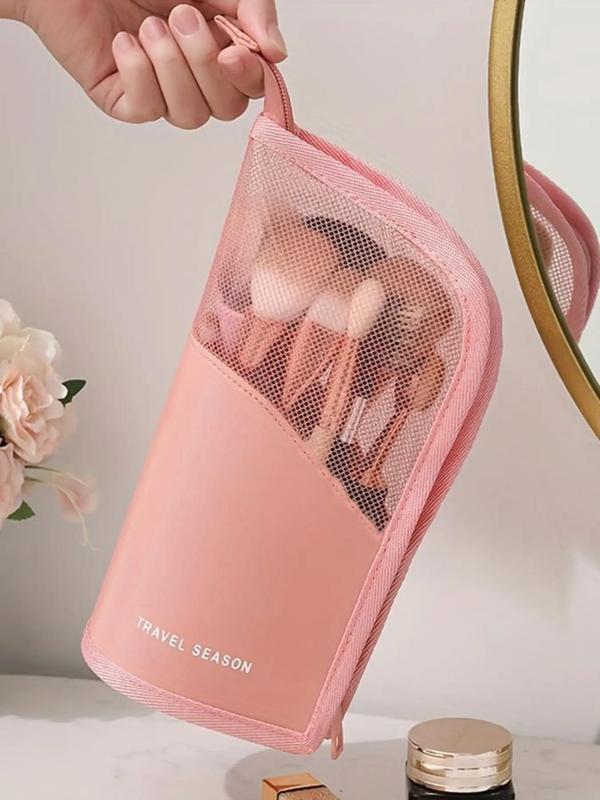 Letter Pattern Contrast Mesh Design Makeup Brush Bag,  Portable Large Capacity Cosmetic Storage Bag, Travel Makeup Organizer Pouch