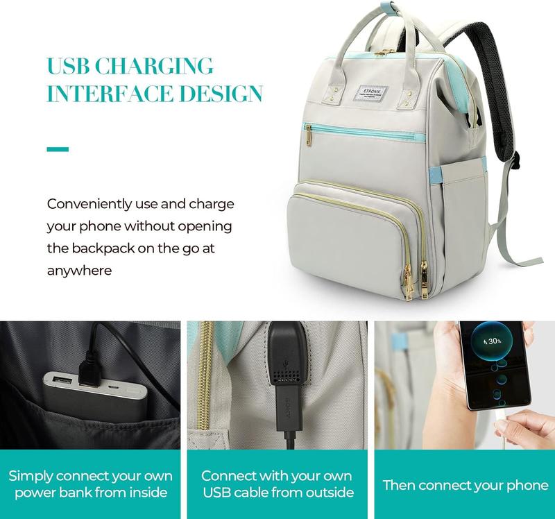 ETRONIK Lunch Backpack, 15.6 Inch Laptop Backpack with USB Port, Stylish Nurse, Teacher Work Bag with Insulated Cooler Lunch Box for Women Men Travel basket backpack TSA Approved travel bag