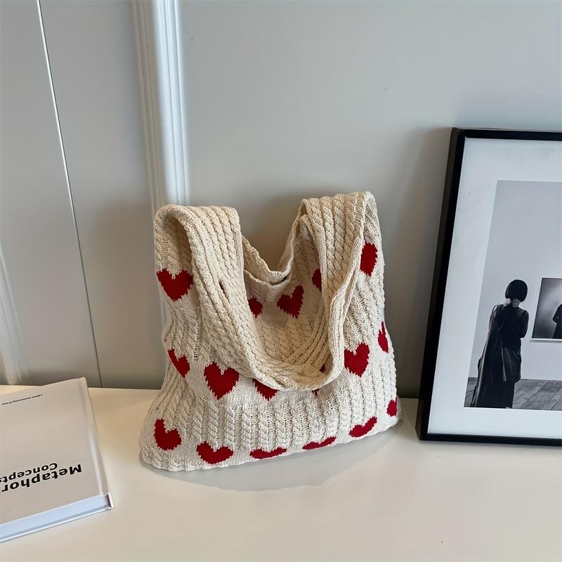 Love Heart Pattern Tote Bag, Aesthetic Knitted Shoulder Bag, Fashion Crochet Bag For Women, Valentine's Day Gift