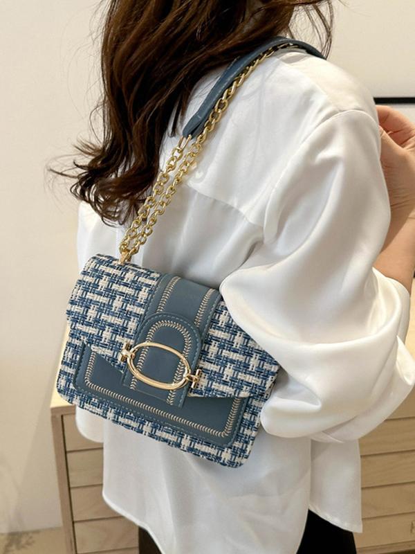 Elegant Colorblock Tweed Decorated Crossbody Bag, Fashionable Chain Strap Shoulder Bag, New Fashion All-match Square Underarm Bag for Women