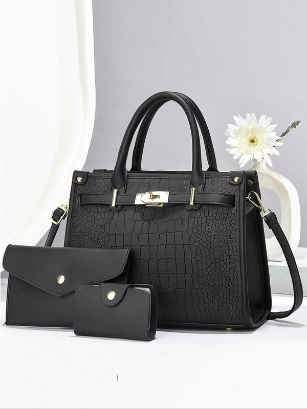 Women's Fashionable Crocodile Embossed Tote Bag & Wallet & Clutch Bag, Large Capacity PU Tote Bag with Shoulder Strap, Casual Trendy Versatile High-quality Daily Commuting Bag Set