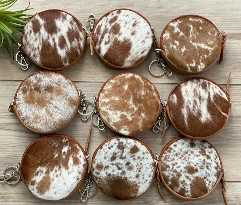 Real Cowhide Coin Change Purse Round Credit Card Holder Case Western Keychain Wallet Leather Brown Gifts for Her