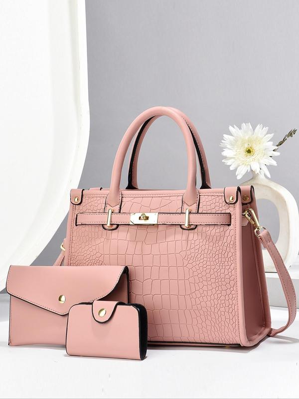 Women's Fashionable Crocodile Embossed Tote Bag & Wallet & Clutch Bag, Large Capacity PU Tote Bag with Shoulder Strap, Casual Trendy Versatile High-quality Daily Commuting Bag Set