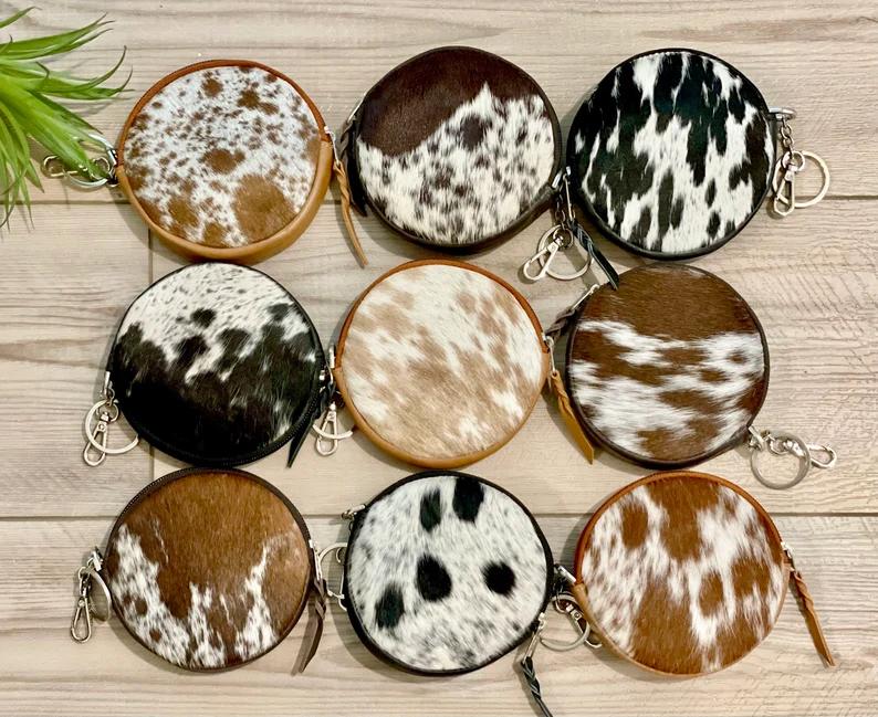 Real Cowhide Coin Change Purse Round Credit Card Holder Case Western Keychain Wallet Leather Brown Gifts for Her