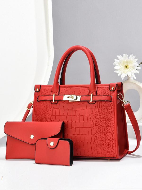 Women's Fashionable Crocodile Embossed Tote Bag & Wallet & Clutch Bag, Large Capacity PU Tote Bag with Shoulder Strap, Casual Trendy Versatile High-quality Daily Commuting Bag Set