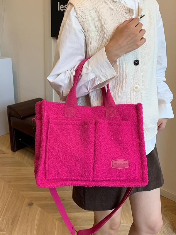 Women's Solid Color Plush Tote Bag, Fashionable Patched Design Shoulder Bag for Daily Used, Casual Trendy Versatile High-quality Daily Commuting Bag