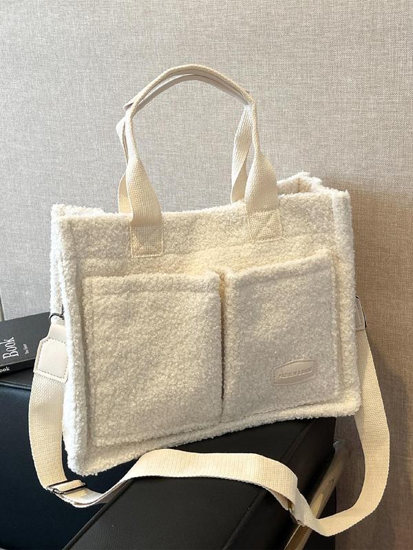 Women's Solid Color Plush Tote Bag, Fashionable Patched Design Shoulder Bag for Daily Used, Casual Trendy Versatile High-quality Daily Commuting Bag