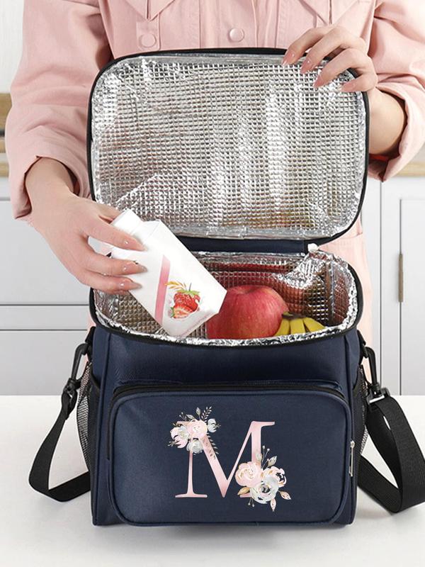 Letter & Floral Pattern Lunch Bag, Portable Insulated Lunch Bag with Shoulder Strap, Durable Waterproof Office Cooler Lunch Box for Unisex