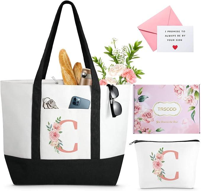 Fashion Personalized Floral Initial Large Tote Bag, 2 piece Canvas Beach Bag with Makeup Bag, high-quality daily commuting bag ,Bridesmaid Bridal Shower Teacher Gifts, ,Mothers Day Gifts for Women