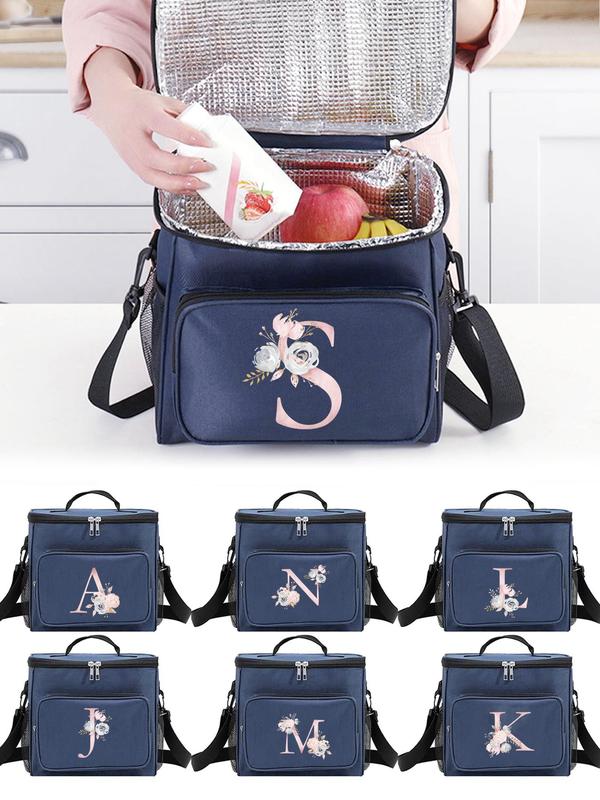 Letter & Floral Pattern Lunch Bag, Portable Insulated Lunch Bag with Shoulder Strap, Durable Waterproof Office Cooler Lunch Box for Unisex