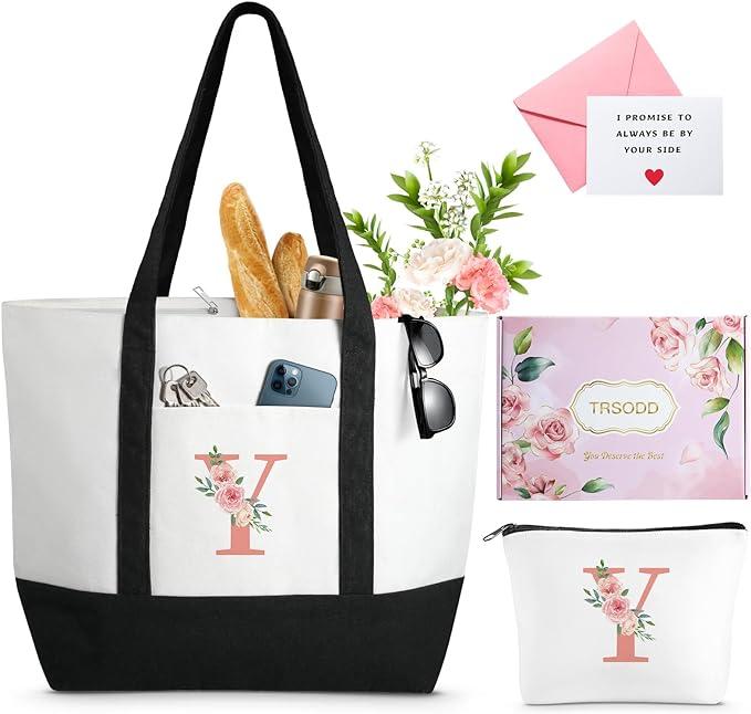 Fashion Personalized Floral Initial Large Tote Bag, 2 piece Canvas Beach Bag with Makeup Bag, high-quality daily commuting bag ,Bridesmaid Bridal Shower Teacher Gifts, ,Mothers Day Gifts for Women