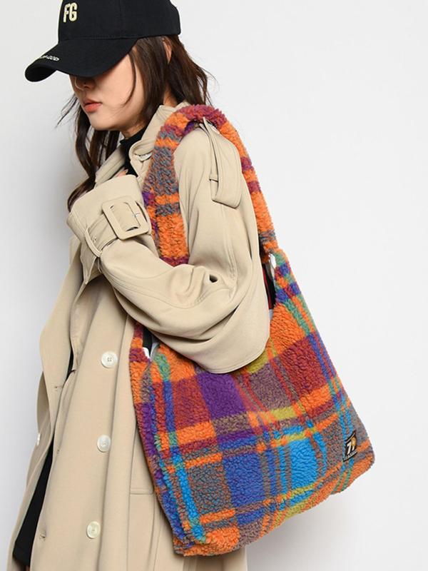 Women's Colorblock Plaid Pattern Plush Tote Bag, Casual Large Capacity Shoulder Bag for Daily Used, Trendy All-match Bag for Commuters and Students