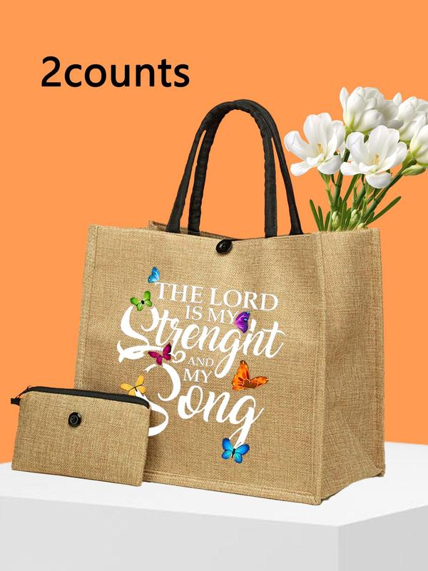 Women's Cute Butterfly & Letter Pattern Tote Bag & Wallet Set, Large Capacity Travel Bag Set, Casual Trendy Versatile High-quality Daily Commuting Bag Set