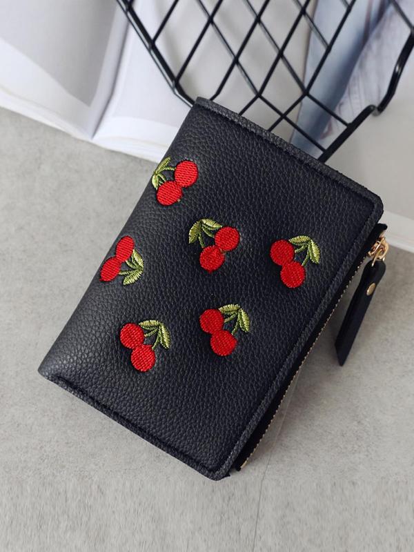 Women's Cherry Embroidery Short Wallet, Casual PU Leather Zipper Wallet, Multi-card Slot Card Holder, Simple All-match Purse for Daily Life