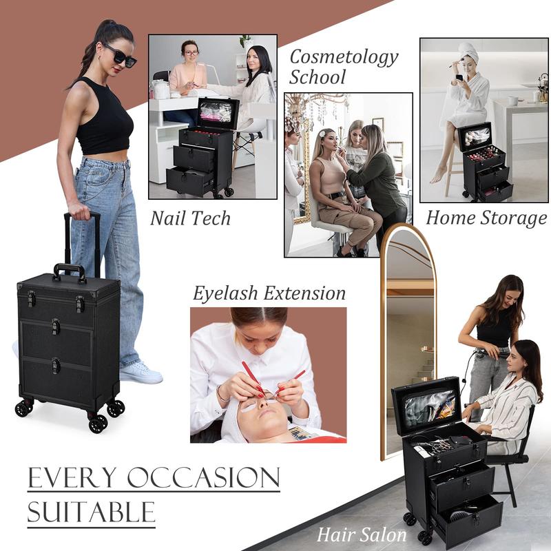 Rolling Makeup Case with Wheels Pouch 2 Extra Large Drawers Portable Makeup Organizer Professional Cosmetic Nail Trolley Traveling Cosmetology Case