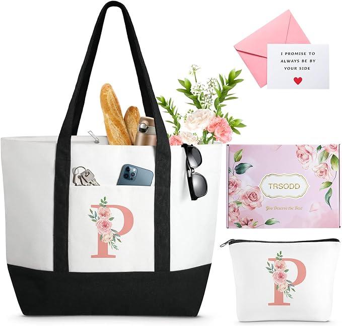 Fashion Personalized Floral Initial Large Tote Bag, 2 piece Canvas Beach Bag with Makeup Bag, high-quality daily commuting bag ,Bridesmaid Bridal Shower Teacher Gifts, ,Mothers Day Gifts for Women