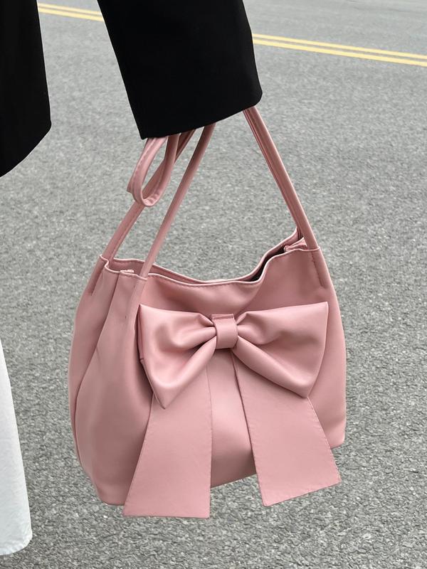 Women's Elegant Bow Decorated Tote Bag, Fashionable Solid Color Bucket Bag for Daily Used, Casual Trendy Versatile High-quality Daily Commuting Bag