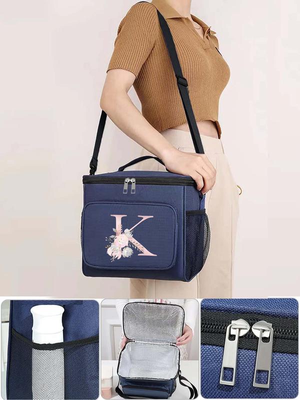 Letter & Floral Pattern Lunch Bag, Portable Insulated Lunch Bag with Shoulder Strap, Durable Waterproof Office Cooler Lunch Box for Unisex