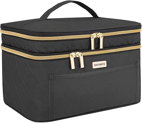 Travel Make-up Double-layer travel cosmetics bag, large cosmetics case with handle, travel accessories bottle, makeup brush and skin care product storage bag, black, travel accessories-cosmetics bag, large capacity, multi-compartment