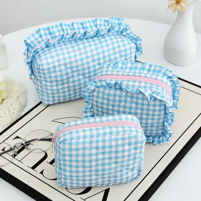 Mixed Size Makeup Bag Set, 3 Counts set Cute Plaid Pattern Cosmetic Storage Pouch, Versatile Toiletry Storage Organizer for Home Travel