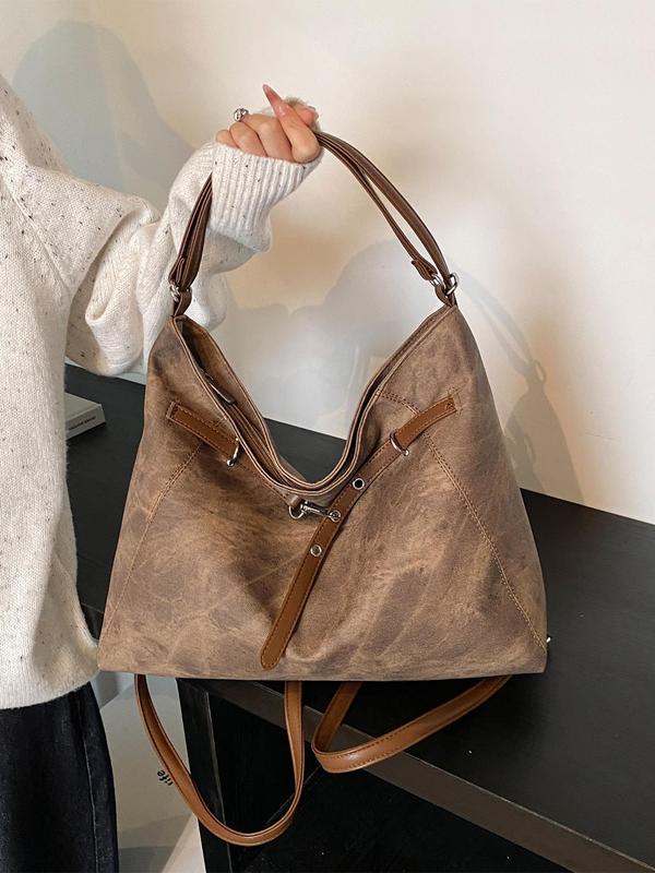 Women's Fashionable Belted Design Hobo Bag, Casual Pu Leather Shoulder Bag for Daily Used, Trendy Versatile High-quality Daily Commuting Bag