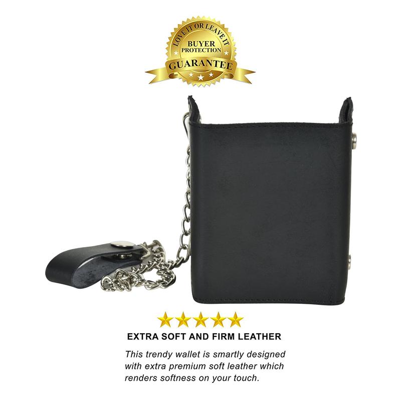 Leatherboss Genuine Leather Men's Trifold Wallet with Chain Biker Trucker ,Black
