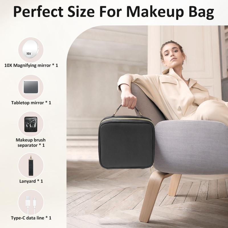 Makeup Bag with 3 Color Led Mirror, PU Leather Travel Cosmetic Bag Makeup Organizer Bag, Portable Makeup Case Adjustable Dividers Storage Box, Gift