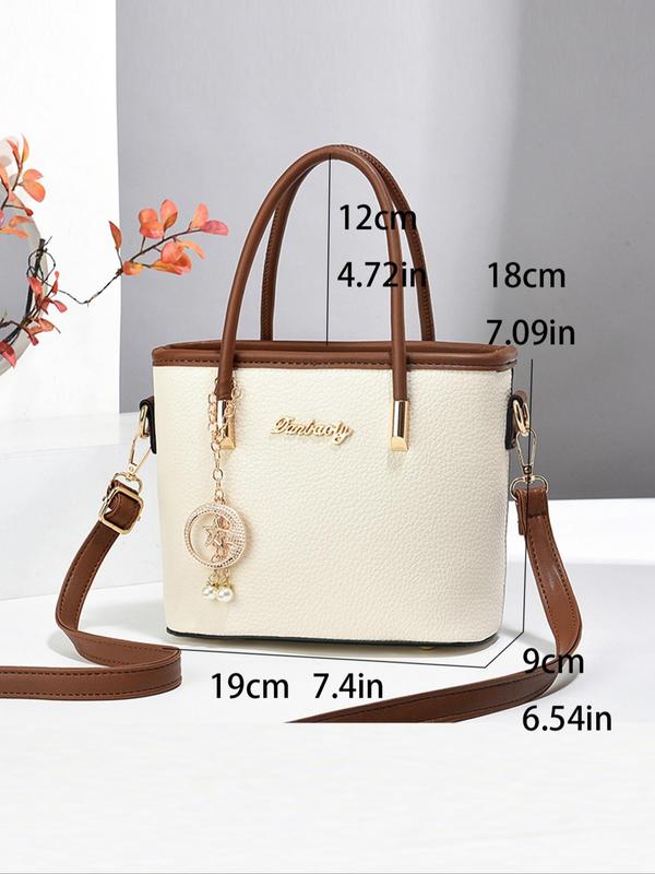 Women's Fashionable Contrast Binding Design Handbag with Star & Faux Pearl Charm, Casual Versatile Shoulder Bag for Daily Used, Trendy All-match Commuter Bag