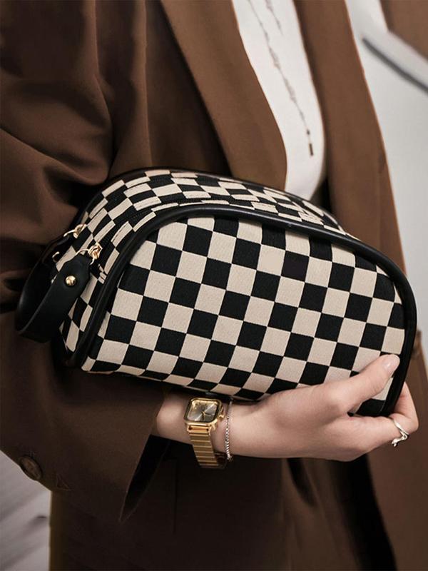 Checkerboard Pattern Makeup Bag, Portable Large Capacity Cosmetic Storage Bag, Zipper Makeup Organizer Pouch, Versatile Storage Bag for Travel & Daily Use
