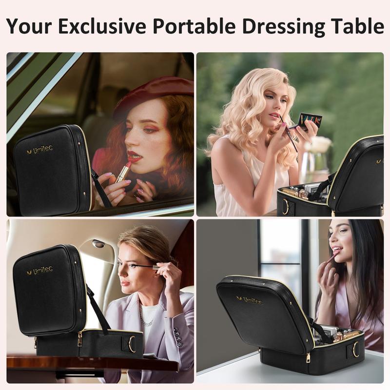 Makeup Bag with 3 Color Led Mirror, PU Leather Travel Cosmetic Bag Makeup Organizer Bag, Portable Makeup Case Adjustable Dividers Storage Box, Gift