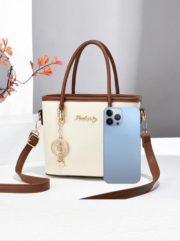 Women's Fashionable Contrast Binding Design Handbag with Star & Faux Pearl Charm, Casual Versatile Shoulder Bag for Daily Used, Trendy All-match Commuter Bag