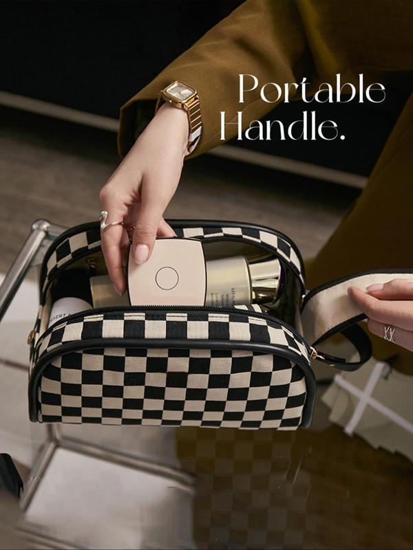 Checkerboard Pattern Makeup Bag, Portable Large Capacity Cosmetic Storage Bag, Zipper Makeup Organizer Pouch, Versatile Storage Bag for Travel & Daily Use