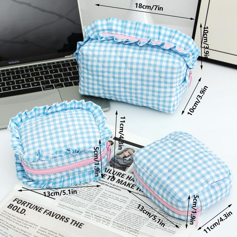 Mixed Size Makeup Bag Set, 3 Counts set Cute Plaid Pattern Cosmetic Storage Pouch, Versatile Toiletry Storage Organizer for Home Travel