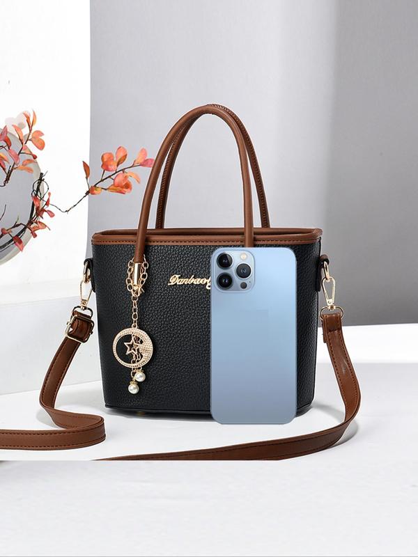 Women's Fashionable Contrast Binding Design Handbag with Star & Faux Pearl Charm, Casual Versatile Shoulder Bag for Daily Used, Trendy All-match Commuter Bag