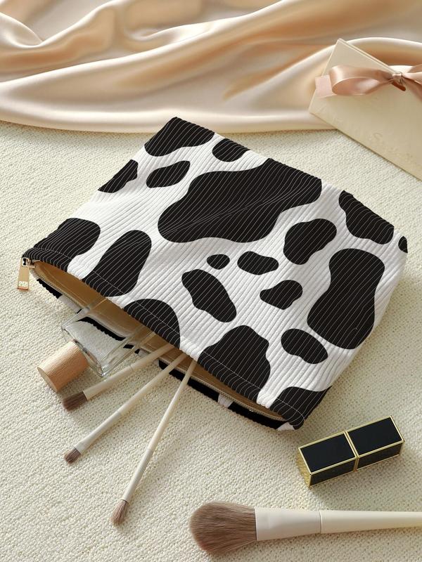 Random Cow Print Corduroy Makeup Bag, 2024 New Style Lightweight Multi-functional Zipper Makeup Bag, Casual Versatile Storage Bag for Travel & Daily Use