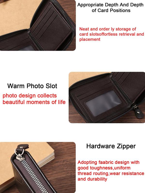 Men's Simple Plain Pu Zipper Wallet, Business Casual Card Holder for Men, Casual Trendy Versatile High-quality Daily Wallet