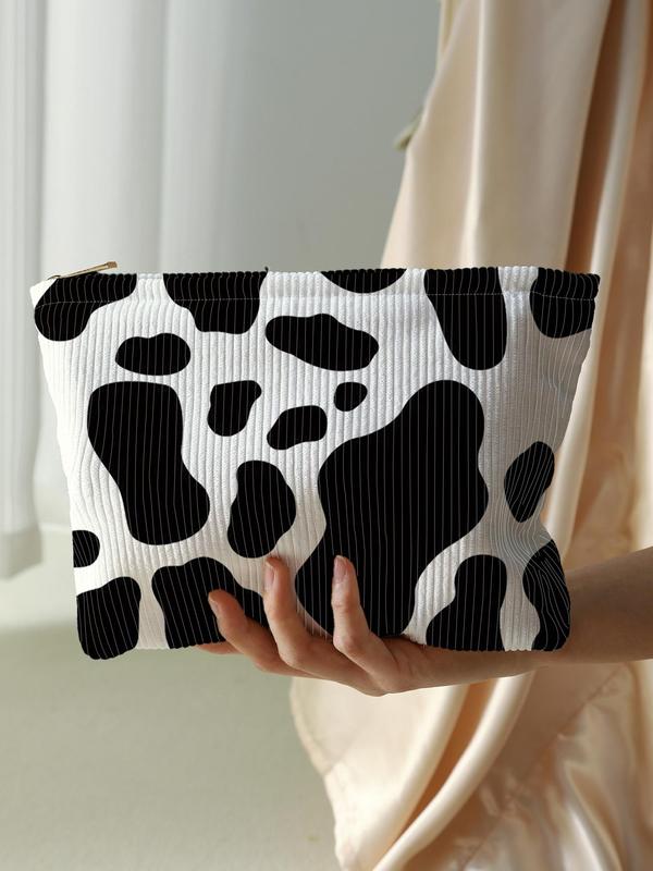 Random Cow Print Corduroy Makeup Bag, 2024 New Style Lightweight Multi-functional Zipper Makeup Bag, Casual Versatile Storage Bag for Travel & Daily Use