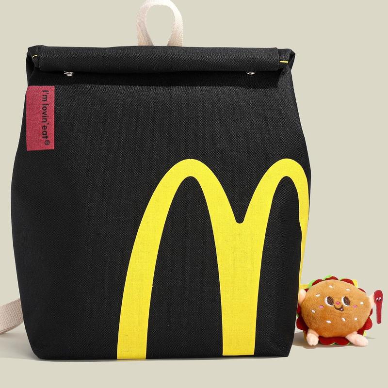 Funny McDonald's Starbucks KFC Paper Bag with Cute Keychain Canvas Backpack Shoulder Bag Fashion Large Capacity Casual School Student Bag Outdoor Daypack Crossbody Bag for Women Men