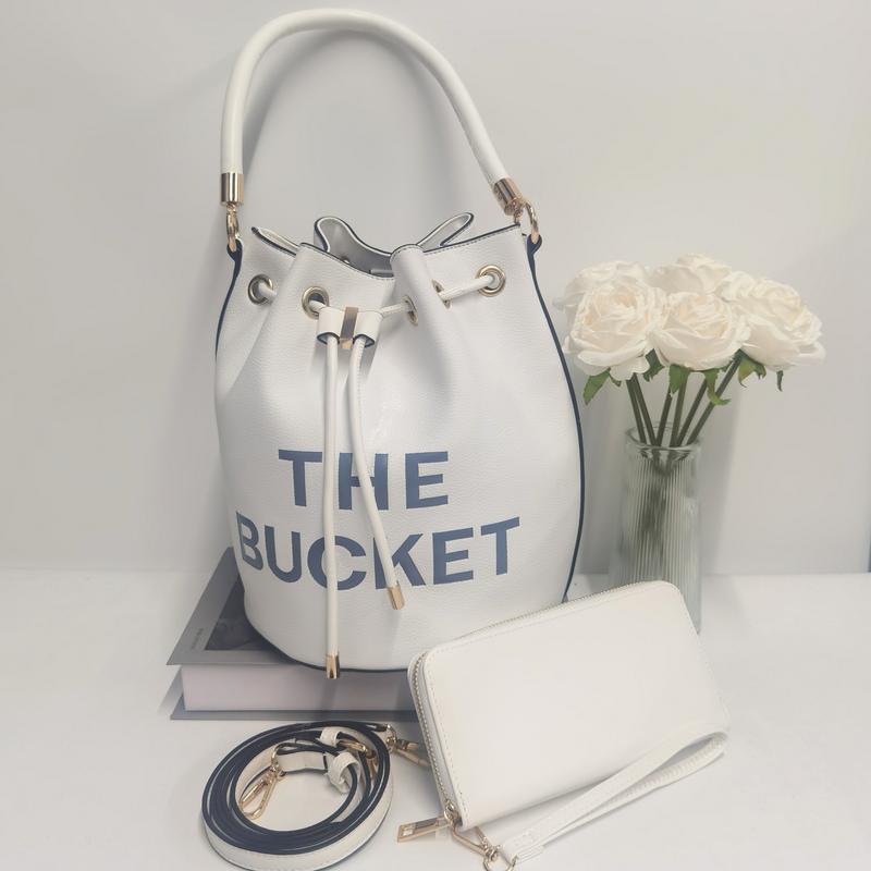 E68-New women's large-capacity handbag solid color letter print crossbody bag drawstring pleated bucket bag