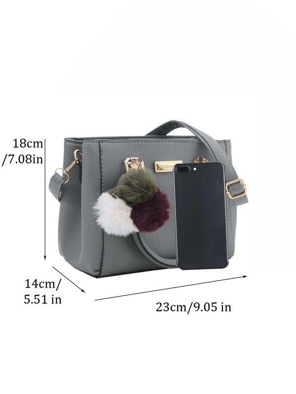 Women's Elegant Solid Color Handbag,  Fashionable Versatile Handbag with Pom Pom Charm, Simple All-match Crossbody Bag for Daily Life & Work