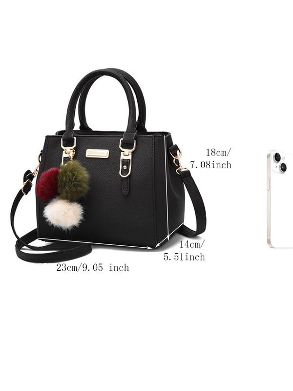 Women's Elegant Solid Color Handbag,  Fashionable Versatile Handbag with Pom Pom Charm, Simple All-match Crossbody Bag for Daily Life & Work