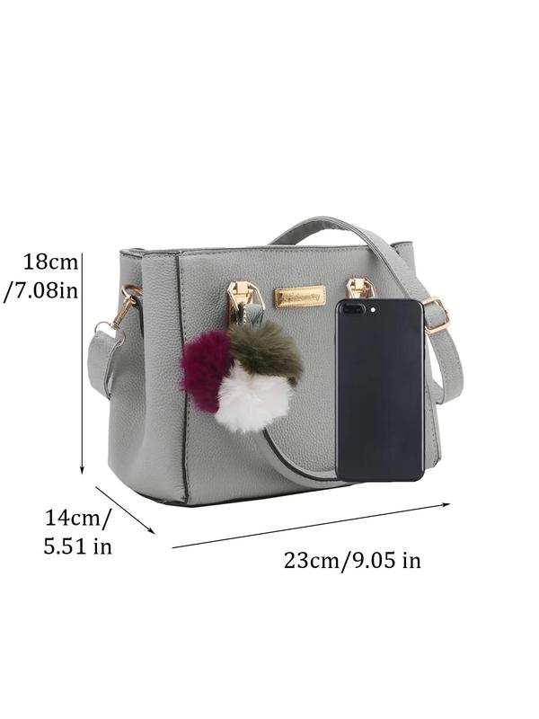 Women's Elegant Solid Color Handbag,  Fashionable Versatile Handbag with Pom Pom Charm, Simple All-match Crossbody Bag for Daily Life & Work