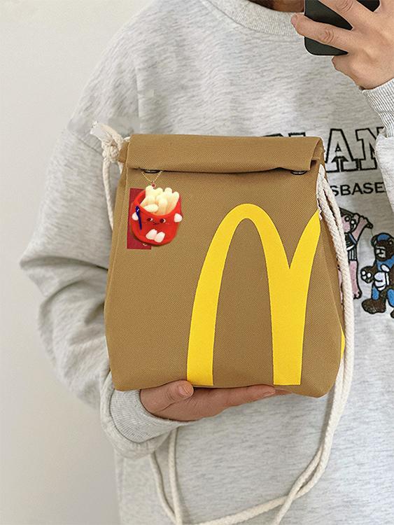 Funny McDonald's Starbucks KFC Paper Bag with Cute Keychain Canvas Backpack Shoulder Bag Fashion Large Capacity Casual School Student Bag Outdoor Daypack Crossbody Bag for Women Men